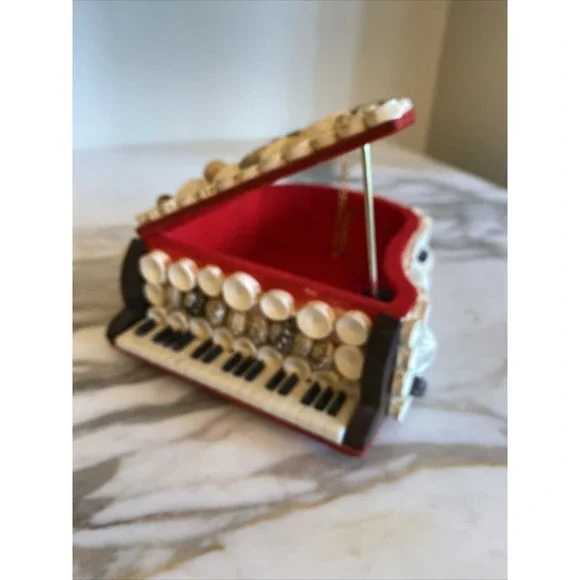 Handmade Seashell Grand Piano Jewelry Box Red Velvet Lining Vintage Coastal Art - Picture 2 of 8